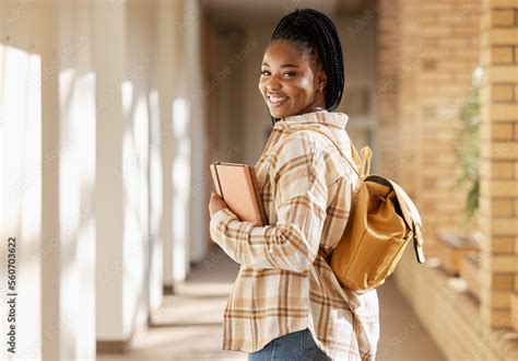 College Student Portrait Black Woman And University With Books And