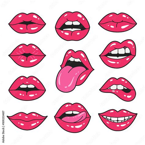 Lips Patches Collection Vector Illustration Of Sexy Doodle Womans Lips Expressing Different
