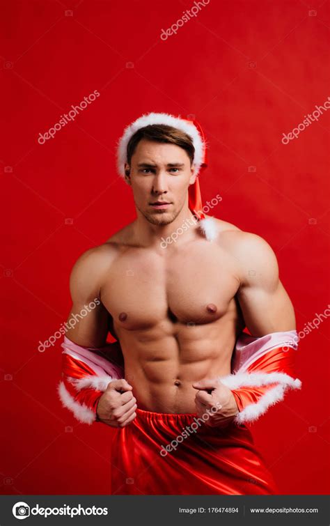 Christmas Holidays Sexy Strong Santa Claus Wearing Hat Young Muscular