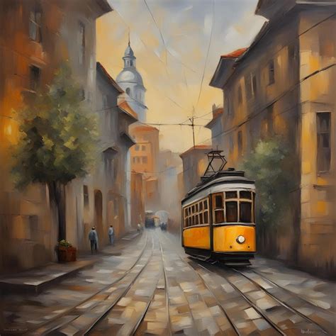 Premium Ai Image Tram In Old City Oil Paintings Landscape