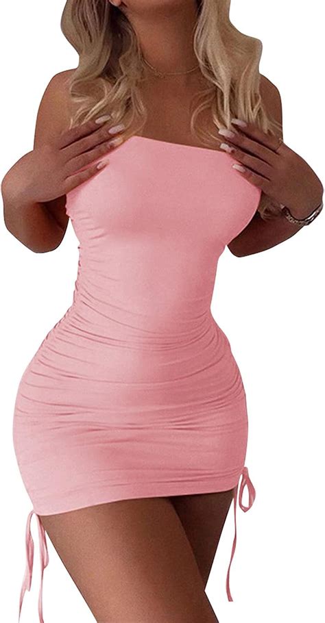 women s sleeveless tube bodycon dress sexy strapless ruched mini dress with drawstring for