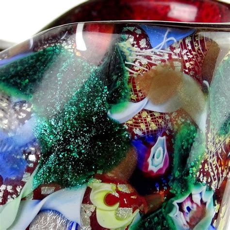 A Ve M Murano Red Millefiori Silver Flecks Ribbon Italian Art Glass Flower Vase For Sale At 1stdibs