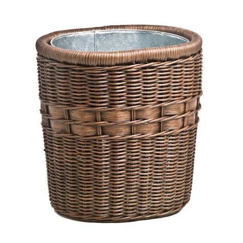 Wicker Oval Waste Basket Metal Liner In Antique Walnut Brown Waste