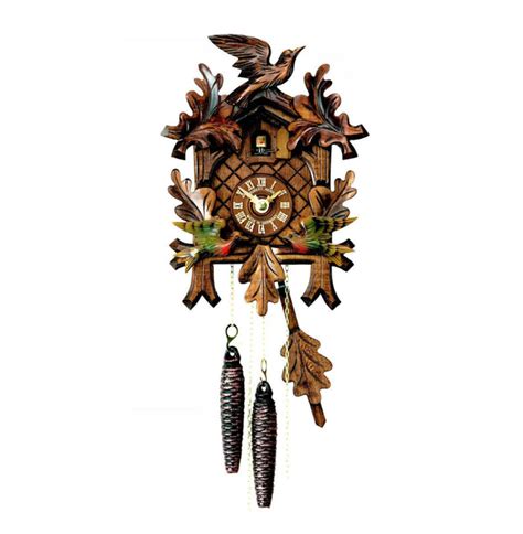 Carved 1 Day Cuckoo Clock With Two Birds And Leaves 26cm By Hubert Her