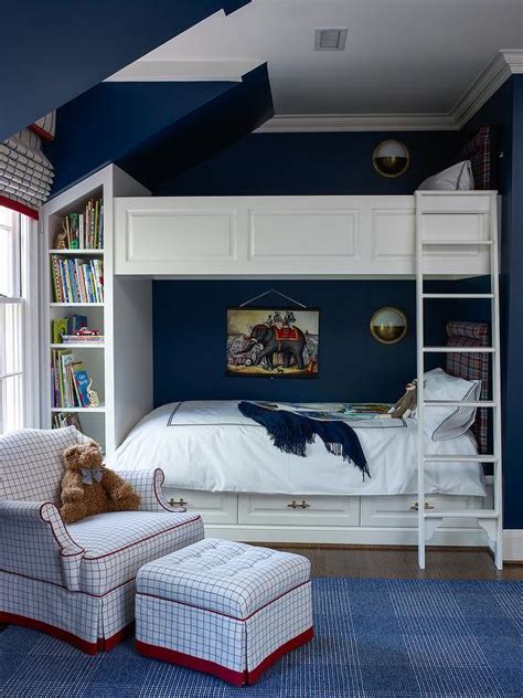 Navy Boys Bedroom With Wainscoted Bunk Beds Transitional Boys Room