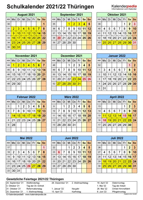 Kalender 2021 mit kalenderwochen und den schulferien und feiertagen von thüringen. Schulkalender 2021/2022 Thüringen für PDF