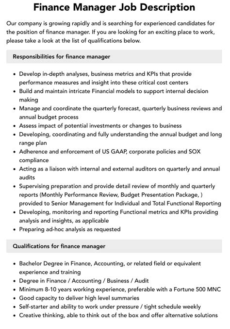 Finance Manager Job Description Velvet Jobs