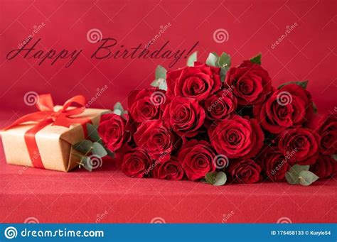 Beautiful Bouquet Of Red Roses With Gift Box On The Red Background Happy Birthd Happy