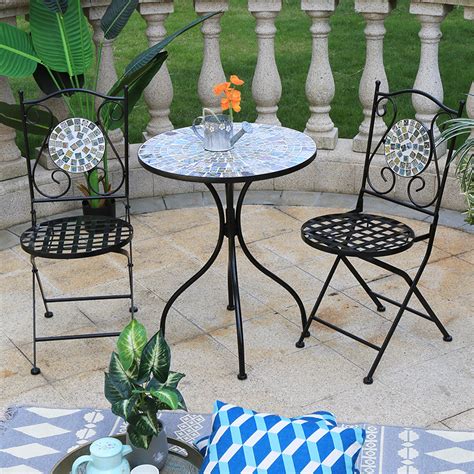 Best Hand Made Folding Wrought Iron Mosaic Stone Dining Bistro Set Of 3
