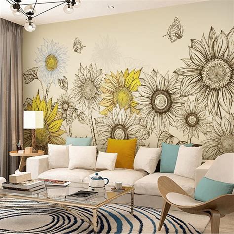 Hand Painted Oil Painting Sunflower Wallpaper Wall Mural Tellow