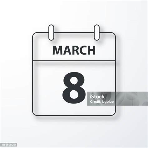 March 8 Daily Calendar Black Outline With Shadow On White Background