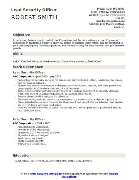 They oversee the security operation and training. Lead Security Officer Resume Samples | QwikResume