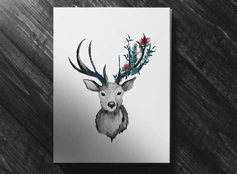 Original Deer Painting Animal Art Floral T Wall Art Etsy