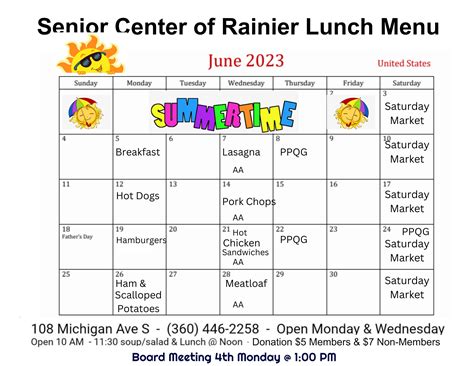 Senior Center Of Rainier News June 2023 Lunch Menu
