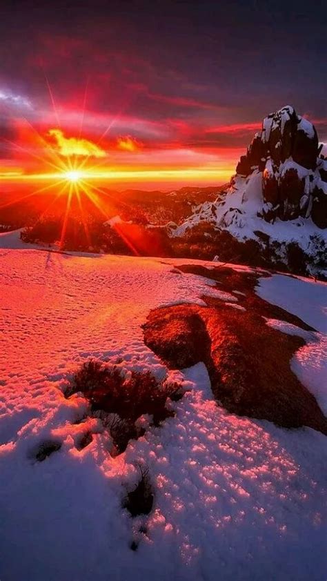 Amazing Winter Sunset Scenery Snow Red Yellow Mountain