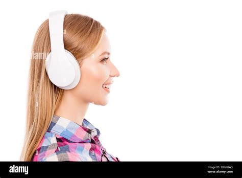 Side View Of Happy Pretty Blonde Woman In Headphones Stock Photo Alamy