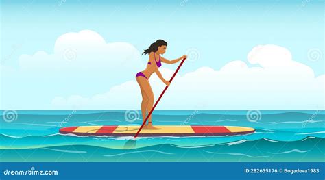Woman Stand Up Paddling On Sap Board With In The Sea Stock Illustration