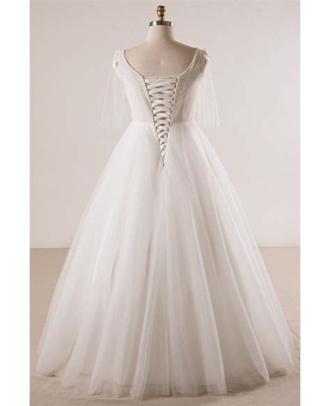 Plus Size Ivory Beaded Flowers Empire Waist Long Tulle Wedding Dress