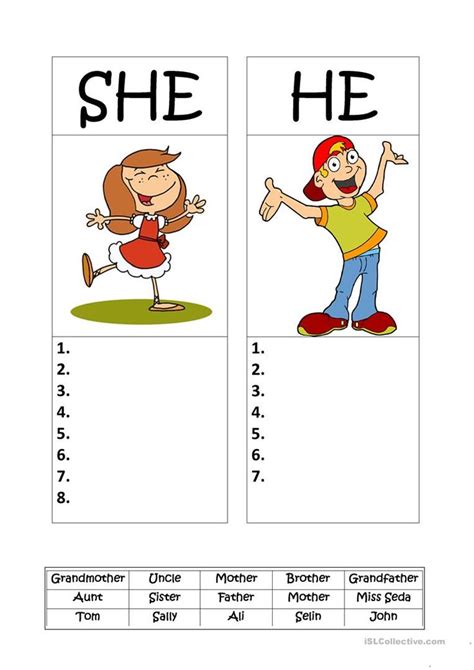 Play, learn, and grow, together! HE or SHE worksheet - Free ESL printable worksheets made by teachers | English activities for ...