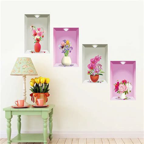 Three Dimensional Flowers Vase 3d Wall Sticker Living Room Tv