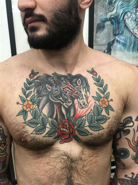 Old school chest tattoo Pharaoh horses Traditional Chest Tattoo, Horse