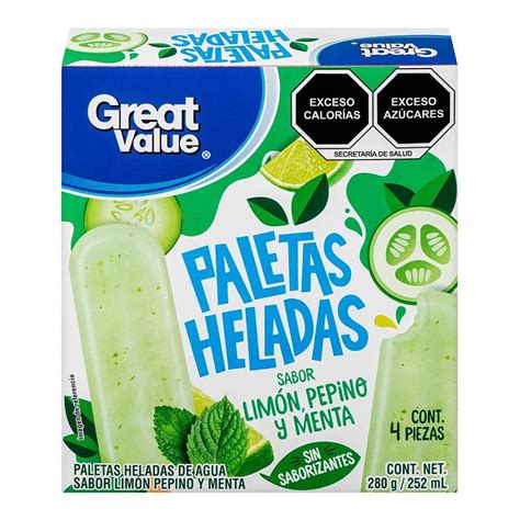 Paletas Heladas Great Value De Agua Sabor Limón Pepino Y Menta 4 Pzas