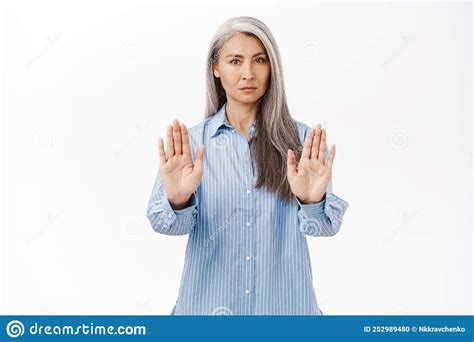 Stop Serious Asian Woman Showing Prohibit Forbid Gesture Extending