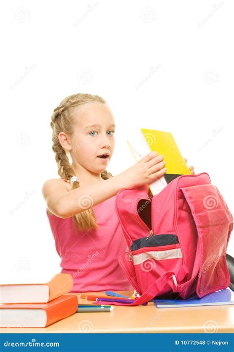 Schoolgirl Packing Her Rucksack Stock Photo Image Of Isolated