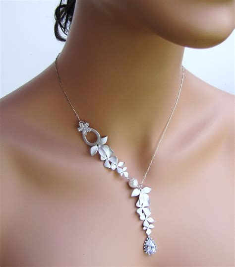 Simple Asymmetric Lariat Necklace With Pearls And Silver Orchids Bridal