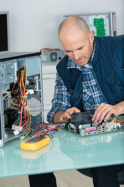 Computer Repair Man Fixing System Unit Stock Image Image Of