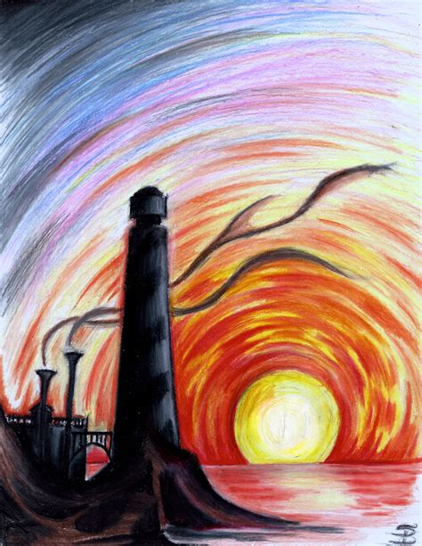 Lighthouse At Sunset Colored Pencil Colorful Art