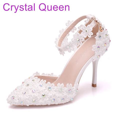 Crystal Queen Women Thin Heel Sandals High Heels Female White Lace Wedding Shoes Pointed Toe