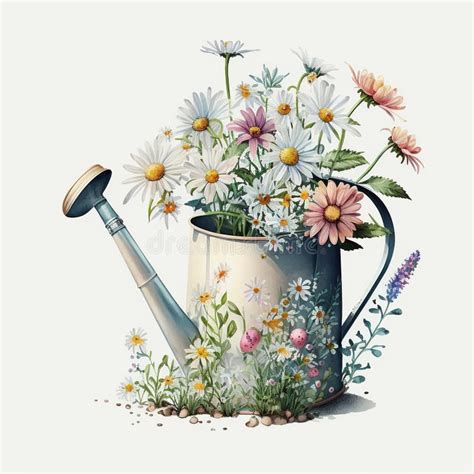 Watering Can With Beautiful White Daisy Flowers Watercolor Isolated On