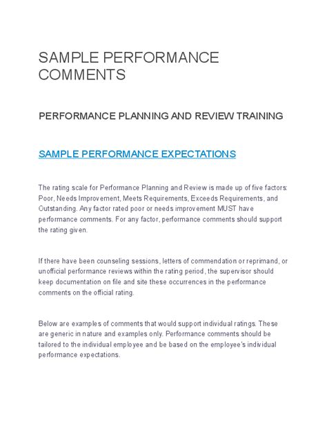 (DOC) SAMPLE PERFORMANCE COMMENTS PERFORMANCE PLANNING AND ...