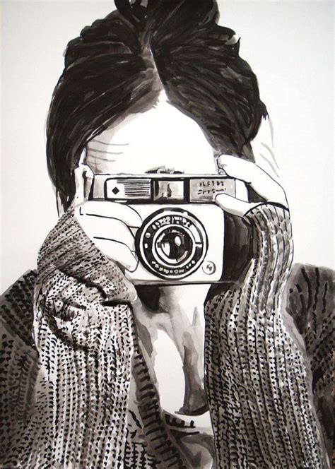 Girl With Camera 5 70 X 50 Cm By Alexandra Djokic Ink Drawing On Paper Subject People