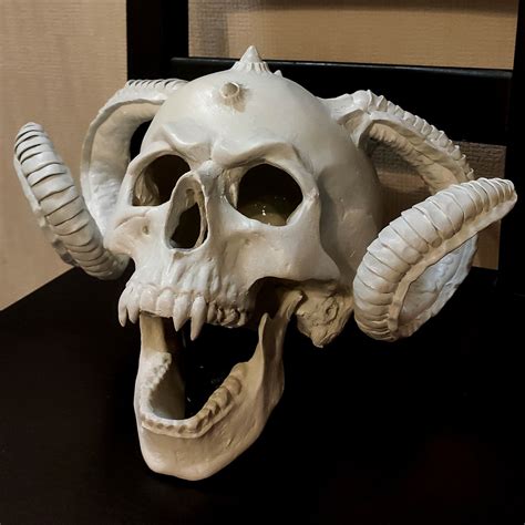 Demon Skull Human Skull With Ram Horns And Fangs Full Size Etsy