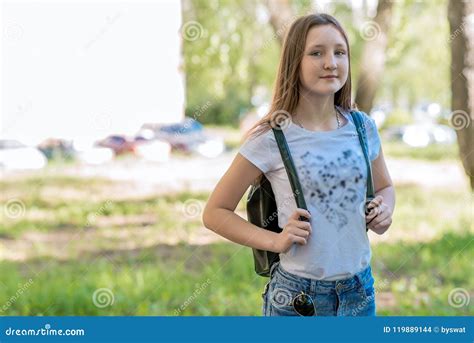 Girl Schoolgirl Summer In Nature Behind Him A Backpack Free Space For Text Camping Smiles