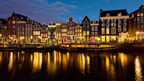Netherlands Amsterdam Houses River Lights Night Wallpaper