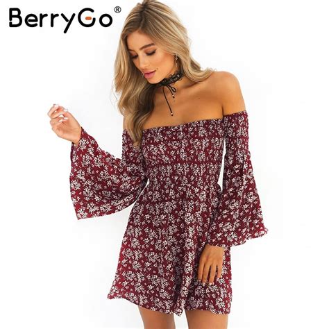Berrygo Boho Print Off Shoulder Summer Dress Sexy Chiffon Flare Sleeve Summer Dress Women Beach
