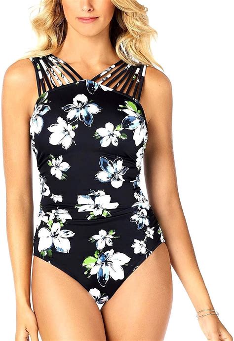 Swim Solutions Printed Strappy Tummy Control One Piece Swimsuit Black