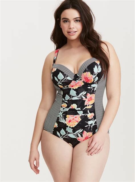 Floral Print Striped Inset One Piece Swimsuit Plus Size Swimwear