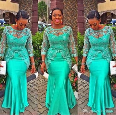 Green Long Sleeves Evening Gowns Sheer Neck Lace Appliques Beads Mermaid Prom Dress African Plus