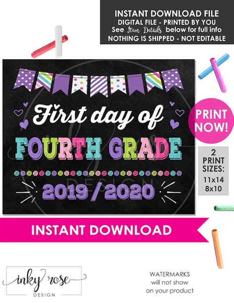 First Day Of Fourth Grade Sign Printable Instant Download Etsy