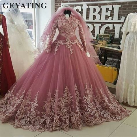 Buy 2019 Dust Pink Turkish Muslim Wedding Dresses With Veil Long Sleeve High