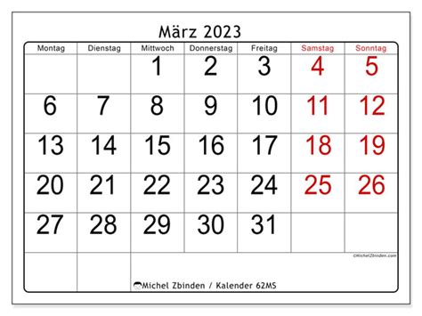 Kalender März 2023 Zum Ausdrucken “62ms” Michel Zbinden Be