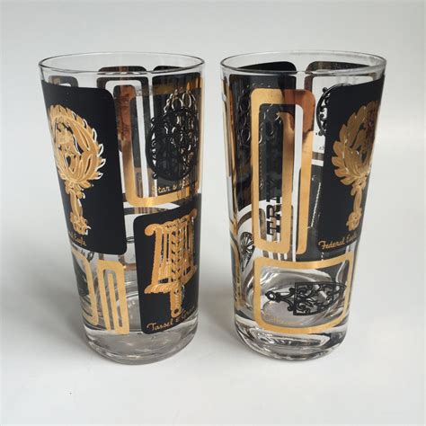 Set Of 2 Vintage Drinking Glasses Mid Century Black Gold By Powersmod On Etsy Pint Glass Black