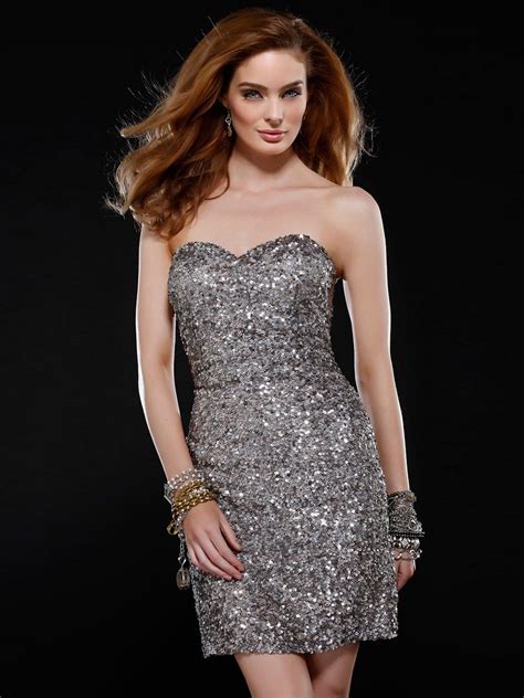 Silver Sequined Sheath Style Strapless Sweetheart Neckline Short Length