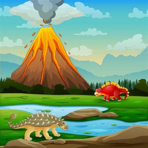 Premium Vector Cute Dinosaurs With Volcano Erupting Background