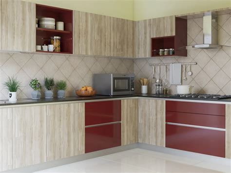 Woody Wine L Shaped Modular Kitchen Designs India Homelane