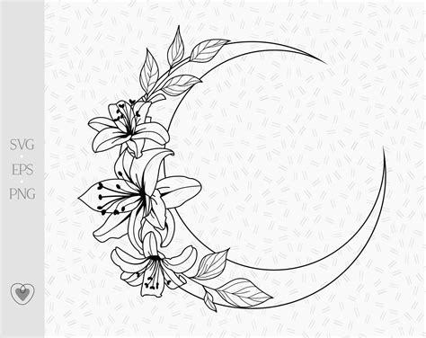 Floral Moon Svg Lily Flower Celestial Svg Crescent Moon Svg Png